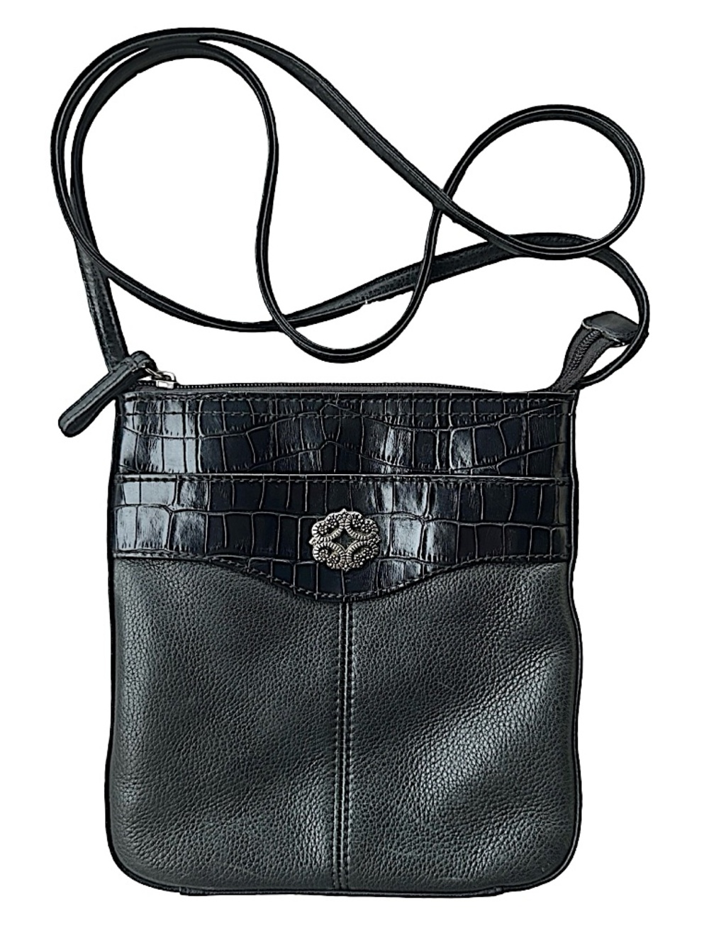 ROLFS Black Leather Crossbody Bag 7”x 7.5”x1” Pebbled & Croc Embossed
